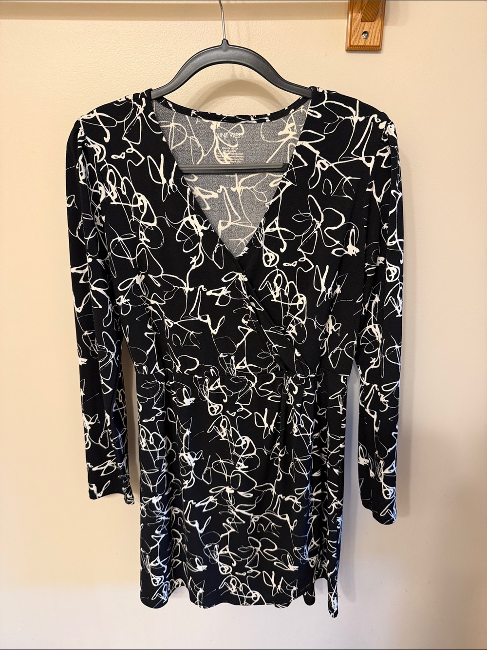 Nine West Black & Off White Abstract Faux Wrap Dress